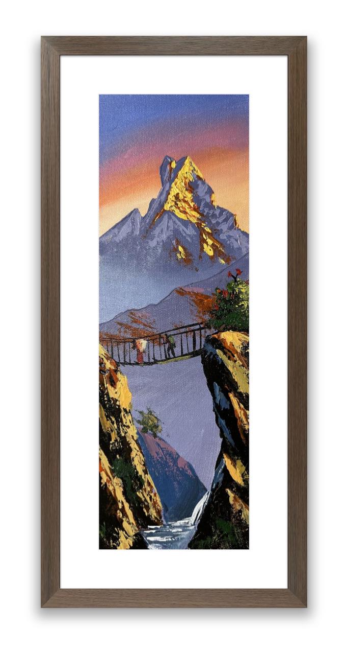 Golden Sunrise Over Fishtail – Vertical Himalayan Bridge Acrylic Canvas Painting