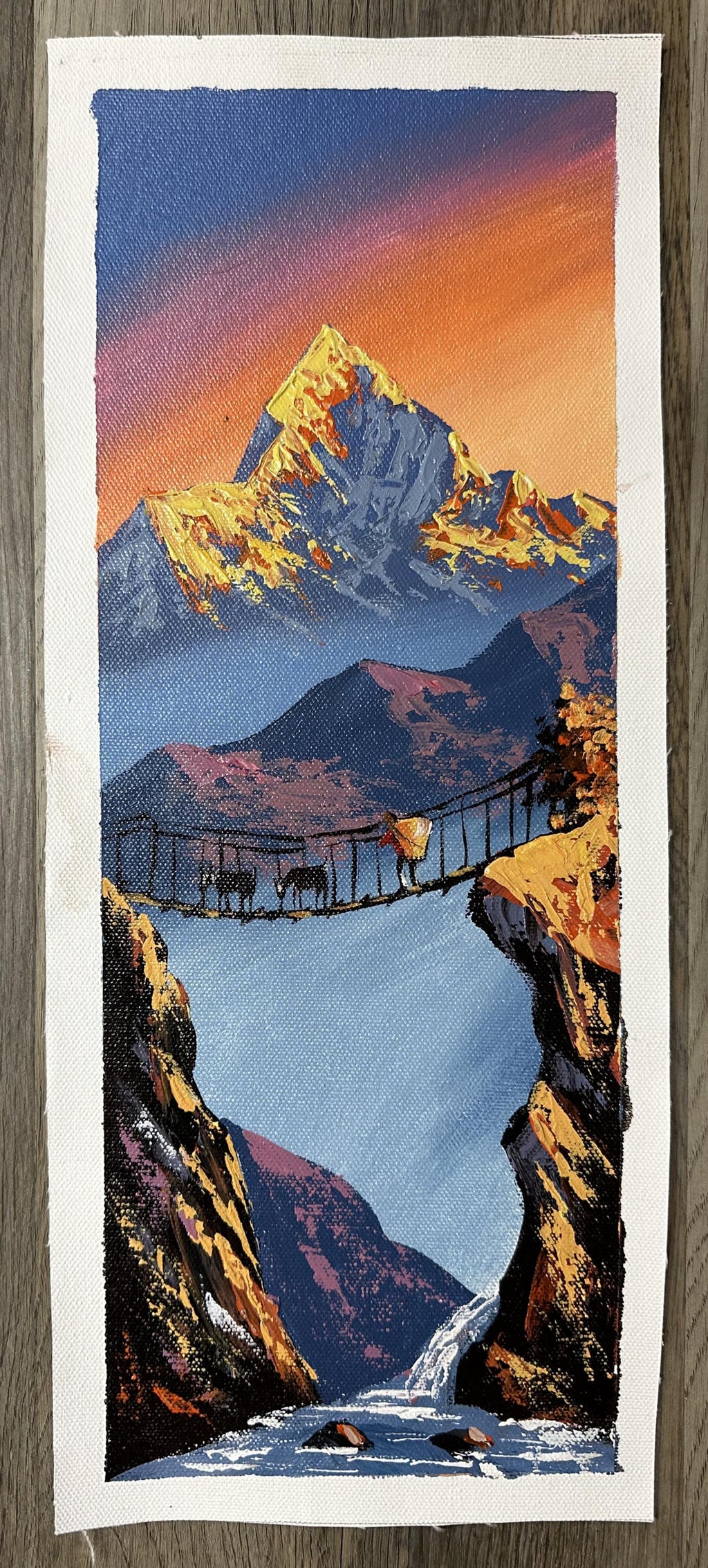 Golden Himalayan Peaks – Suspension Bridge and Waterfall Painting