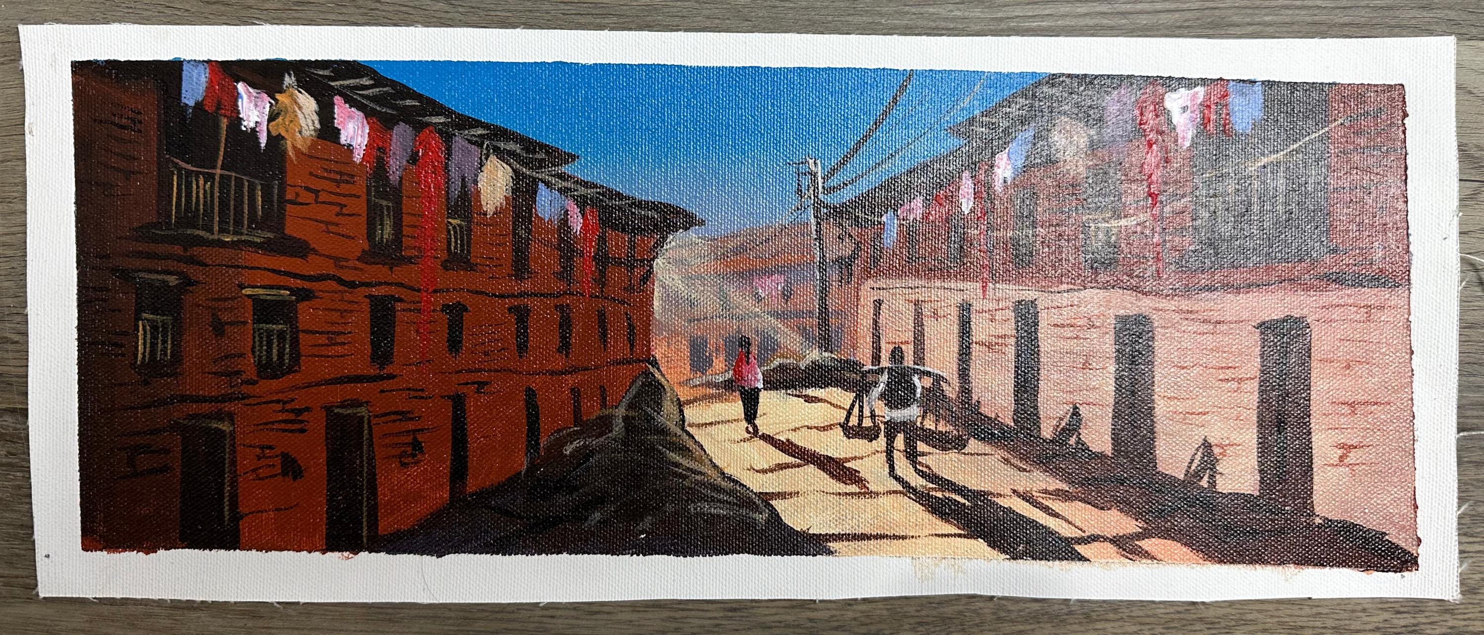 Kathmandu Alley Scene – Acrylic Canvas Painting of Newar Brick Houses & Daily Life