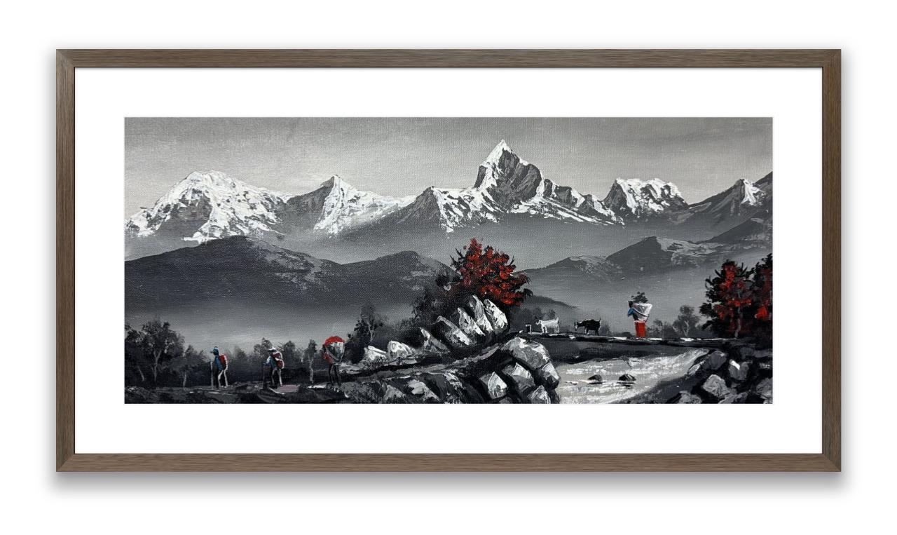 Monochrome Himalayan Village Path – Trekkers, Rhododendrons & Goats