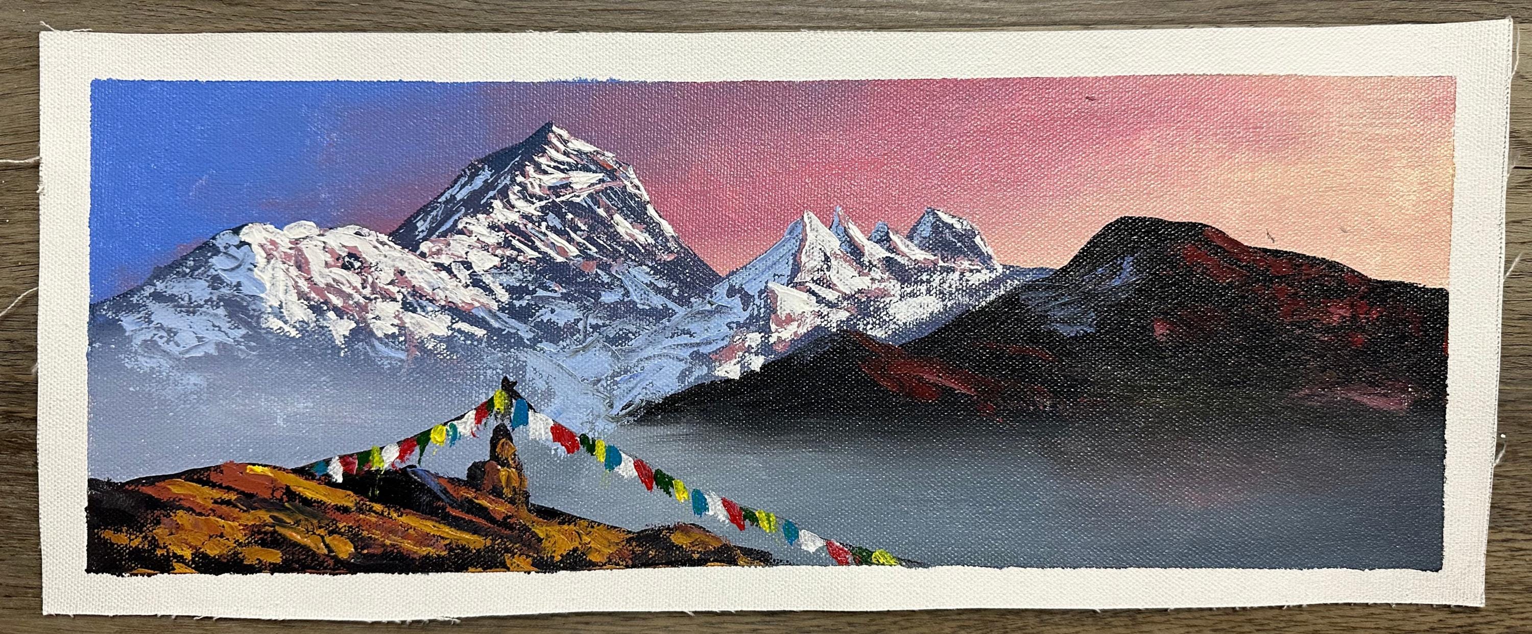 Mount Everest at Dawn – Prayer Flags and Himalayan Sunrise Painting