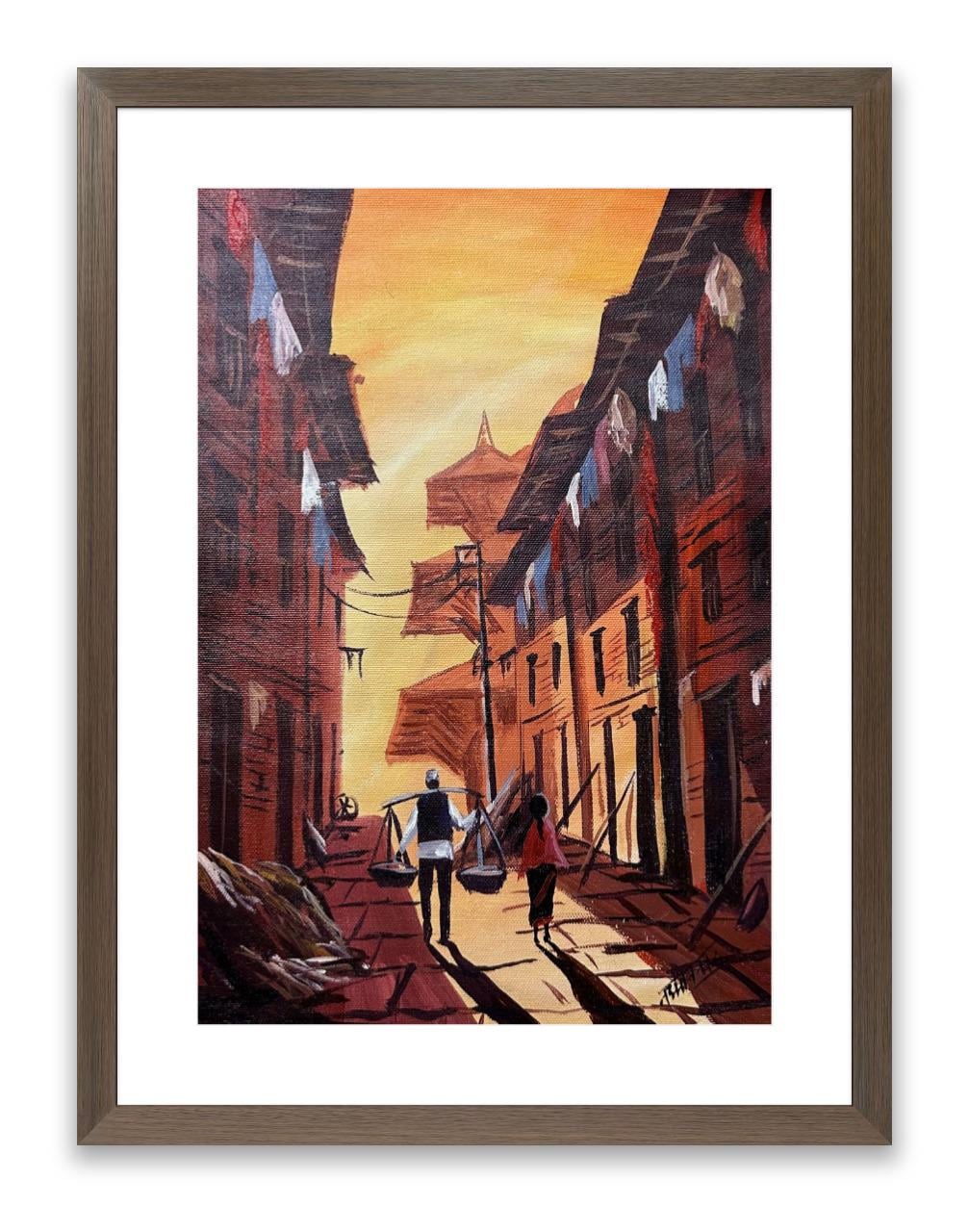 Sunset in Bhaktapur – Traditional Nepal Street Scene Painting