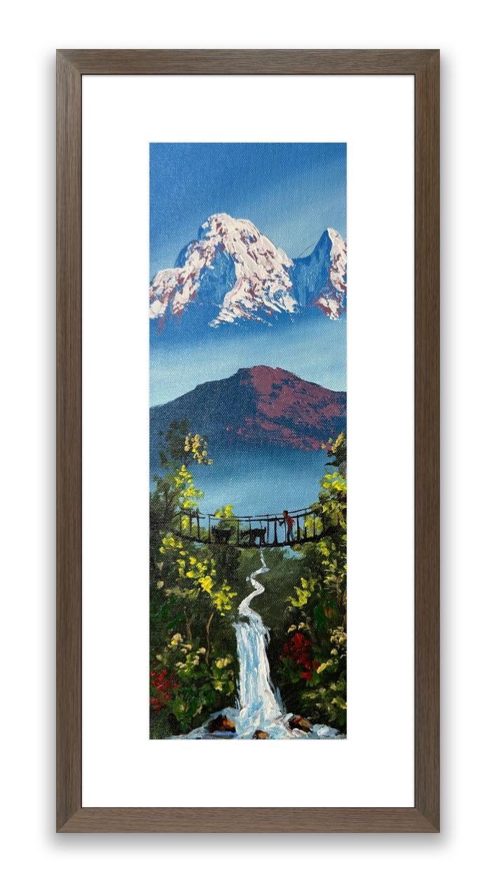 Vertical Himalayan Bridge – Acrylic Canvas Painting with Waterfall & Snowy Peaks
