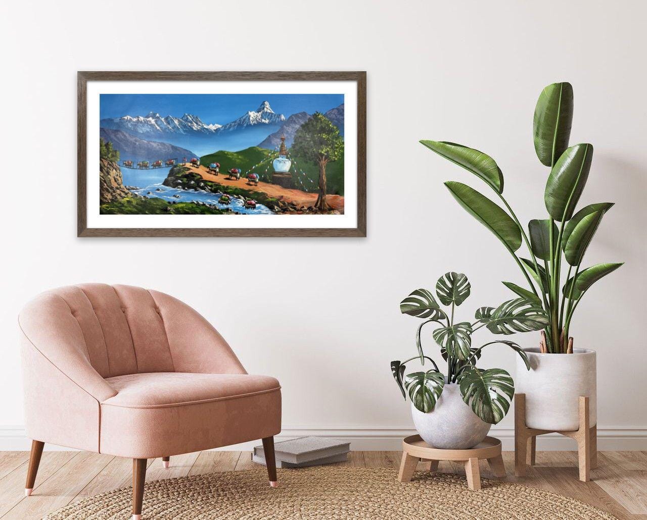 Himalayan Yak Caravan – Acrylic Canvas Painting of Machhapuchhre, Suspension Bridge & Stupa