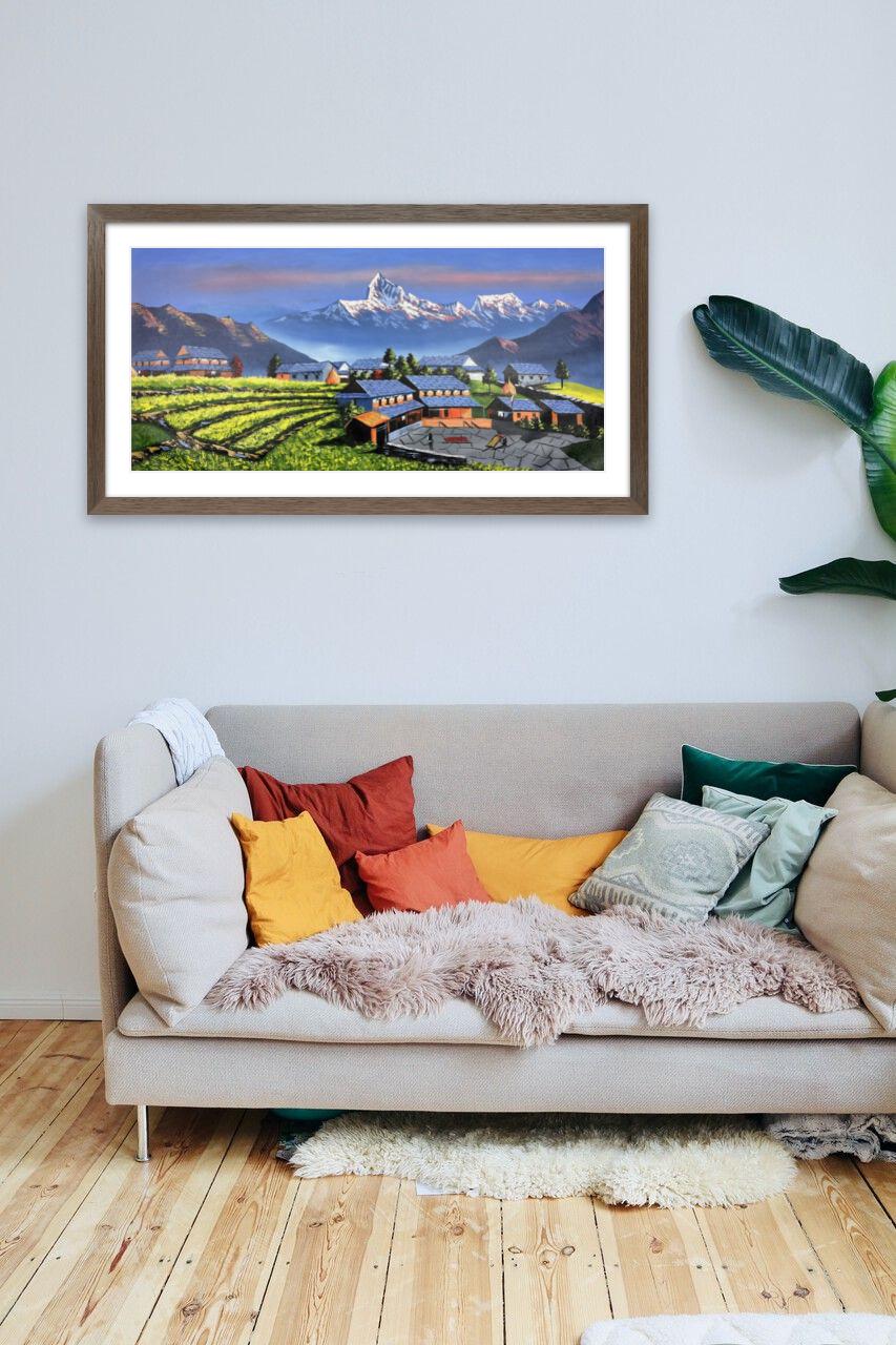 Himalayan Village Landscape – Acrylic Canvas Painting of Machhapuchhre & Terraced Fields
