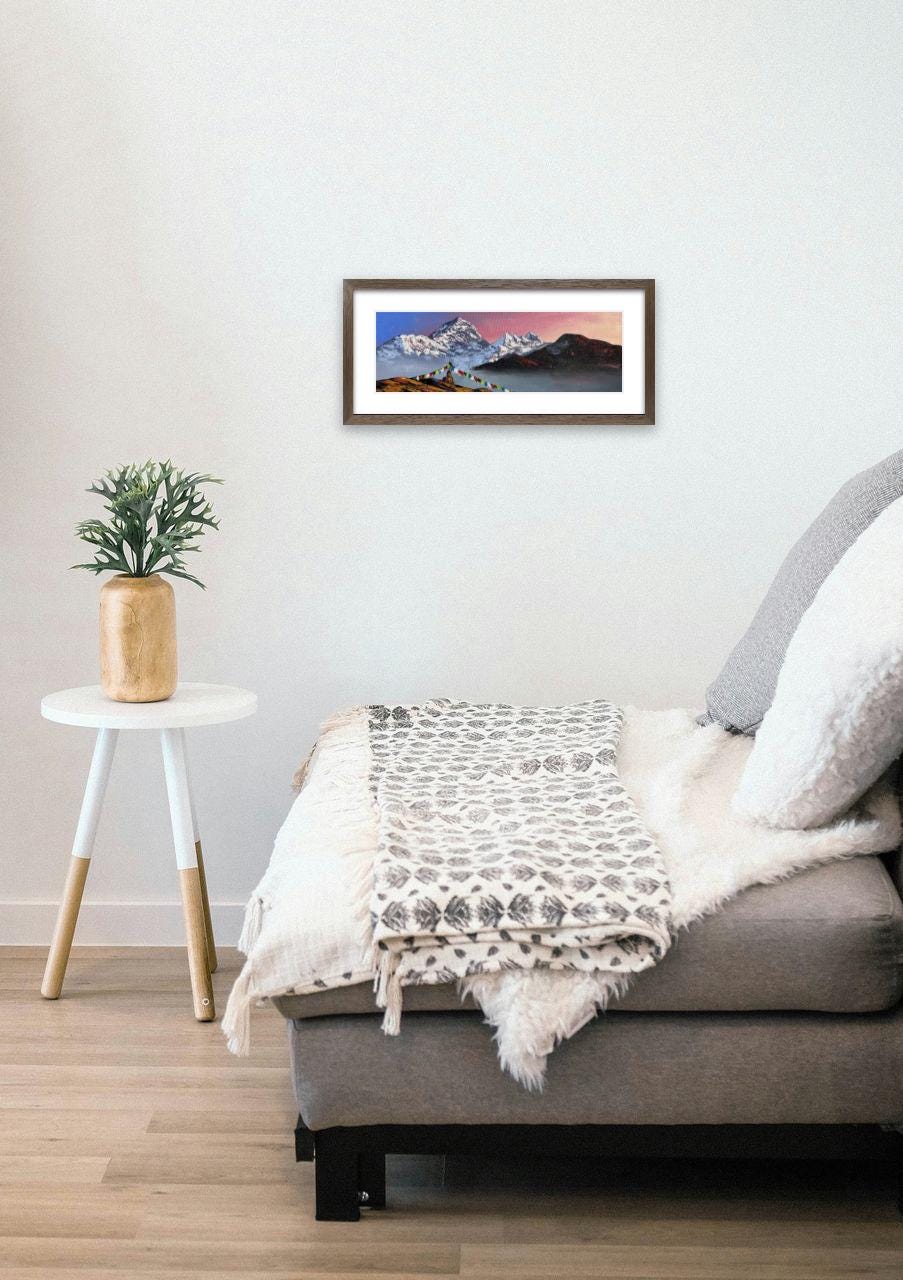 Mount Everest at Dawn – Prayer Flags and Himalayan Sunrise Painting