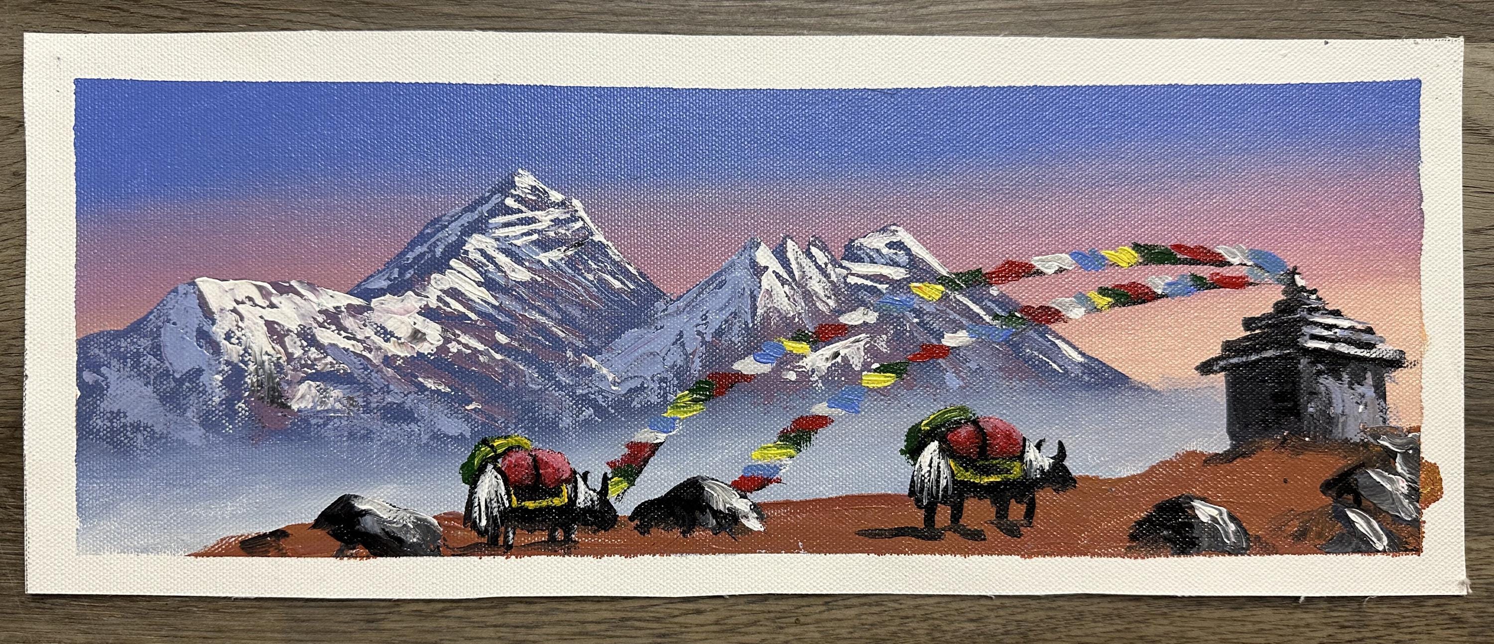 Yak Caravan with Prayer Flags – Himalayan Mountain Sunset Painting
