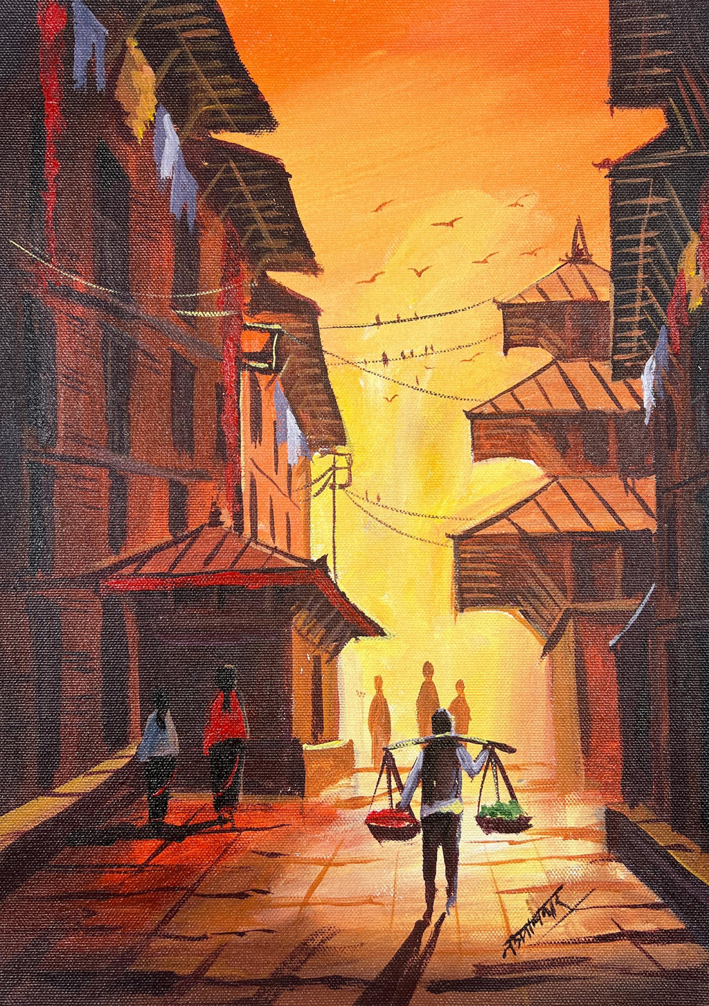 Kathmandu Morning Street – Hand-Painted Artwork