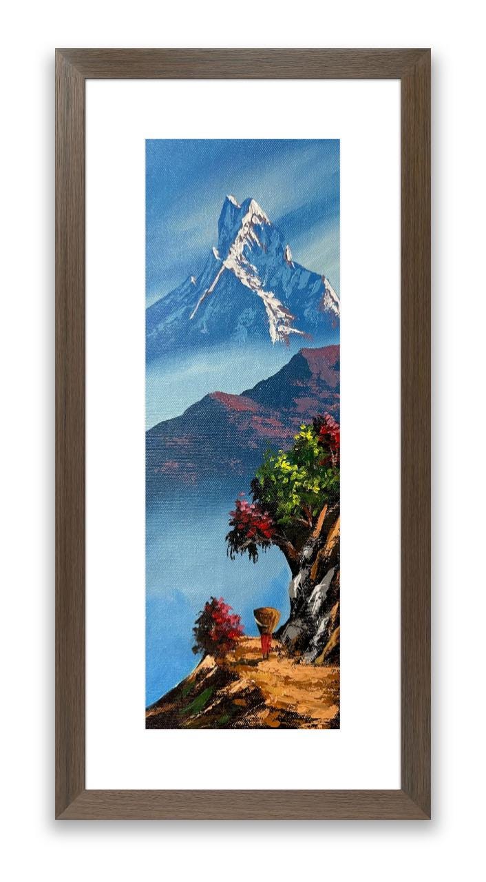 Vertical Himalayan Path – Acrylic Canvas Painting of Machhapuchhre & Lone Villager
