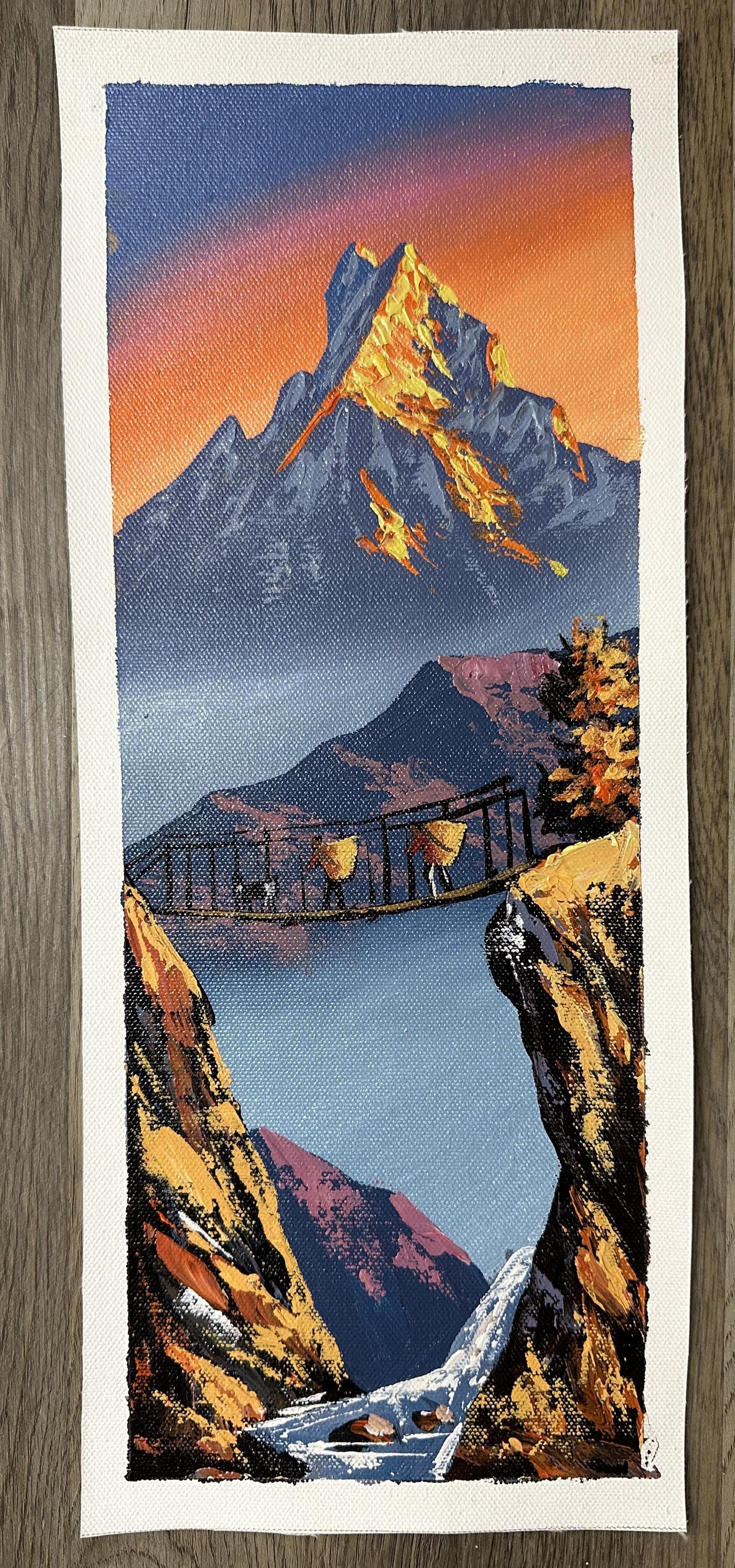 Golden Himalayan Sunrise – Vertical Acrylic Canvas Painting with Porters on Bridge & Waterfall
