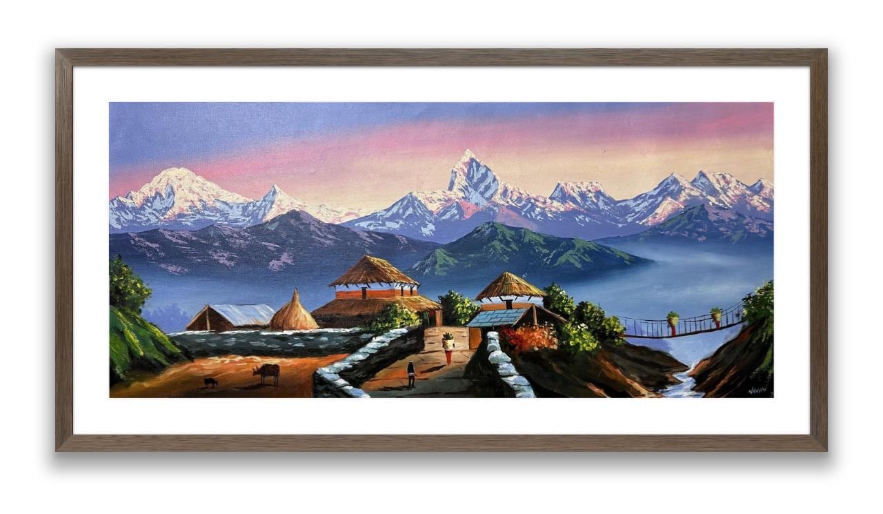 Mountain Village Sunrise with Suspension Bridge – Panoramic