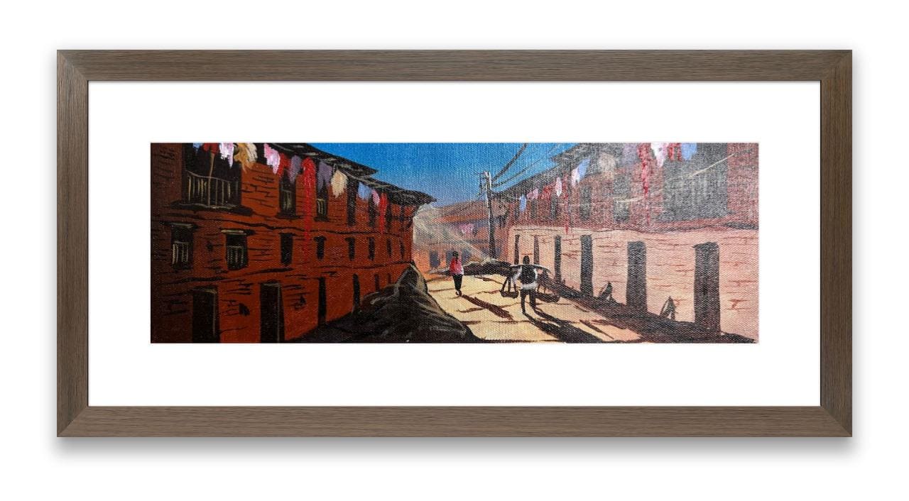 Kathmandu Alley Scene – Acrylic Canvas Painting of Newar Brick Houses & Daily Life