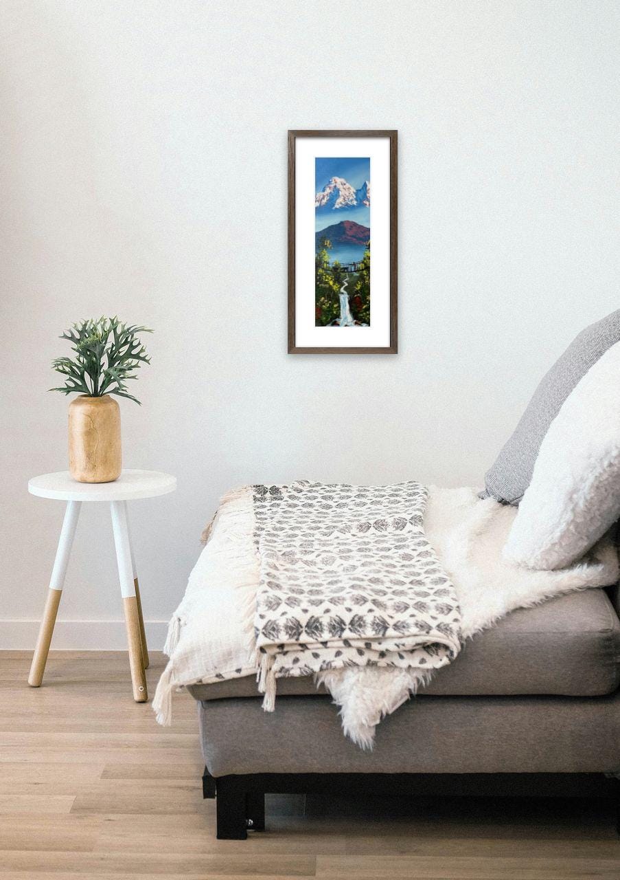 Vertical Himalayan Bridge – Acrylic Canvas Painting with Waterfall & Snowy Peaks