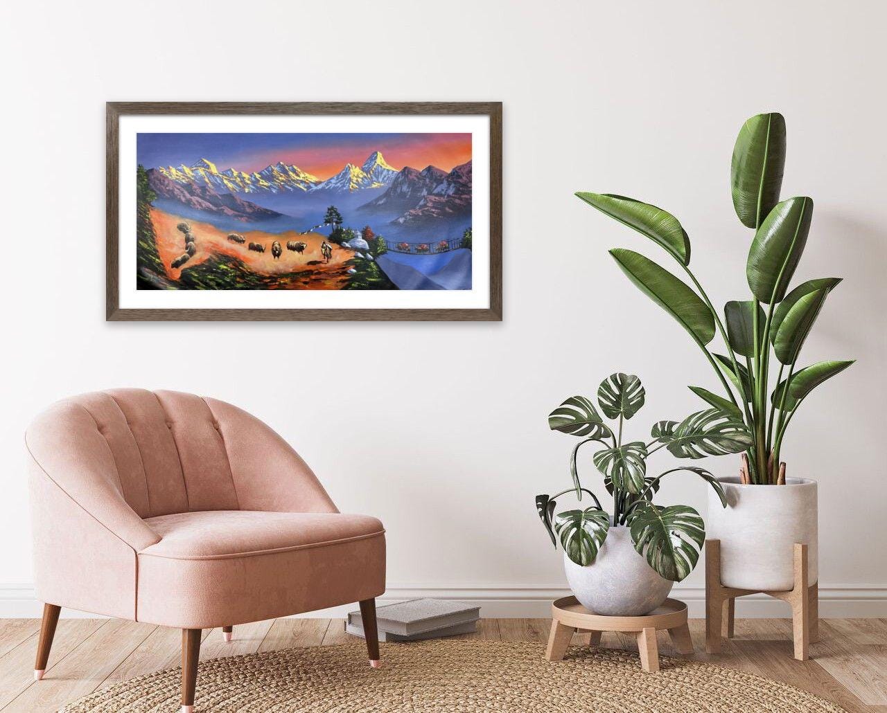 Himalayan Sunset Panorama – Ama Dablam & Yaks, Original Acrylic on Canvas