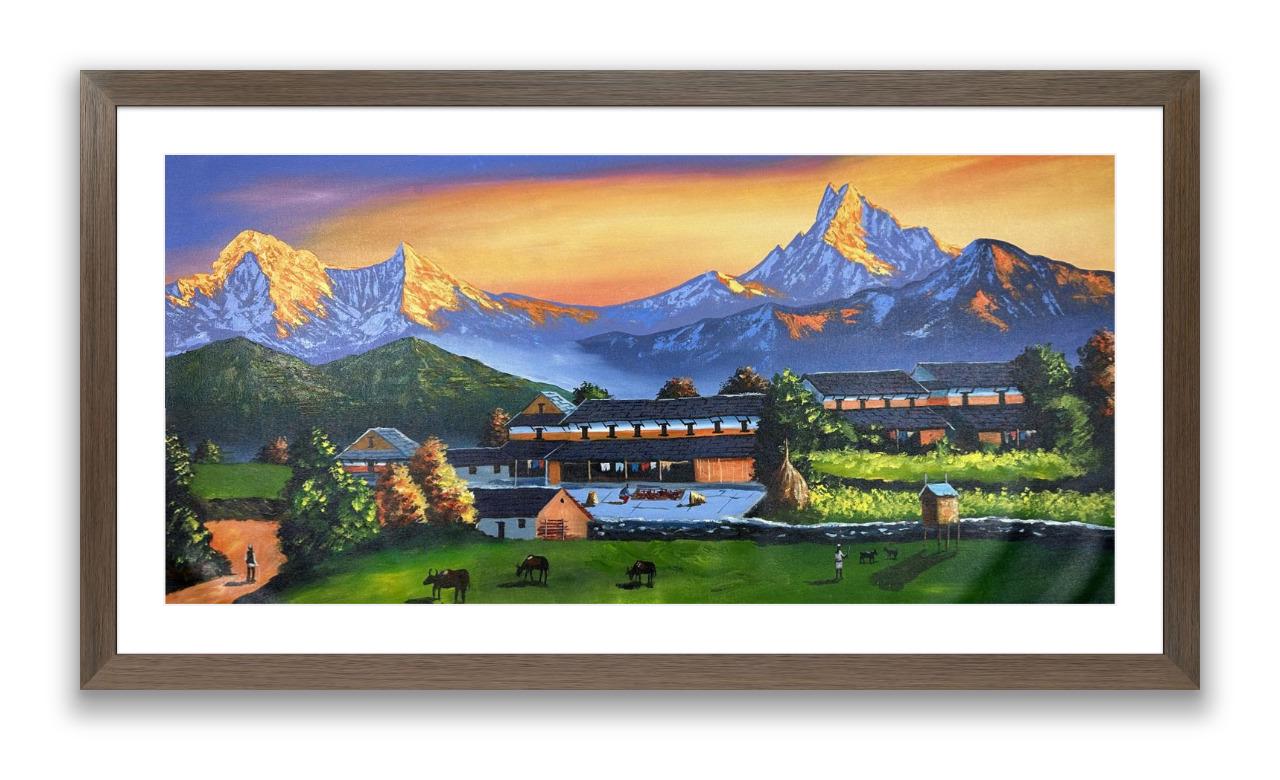Himalayan Village Sunset – Acrylic Canvas Painting of Machhapuchhre & Nepali Countryside