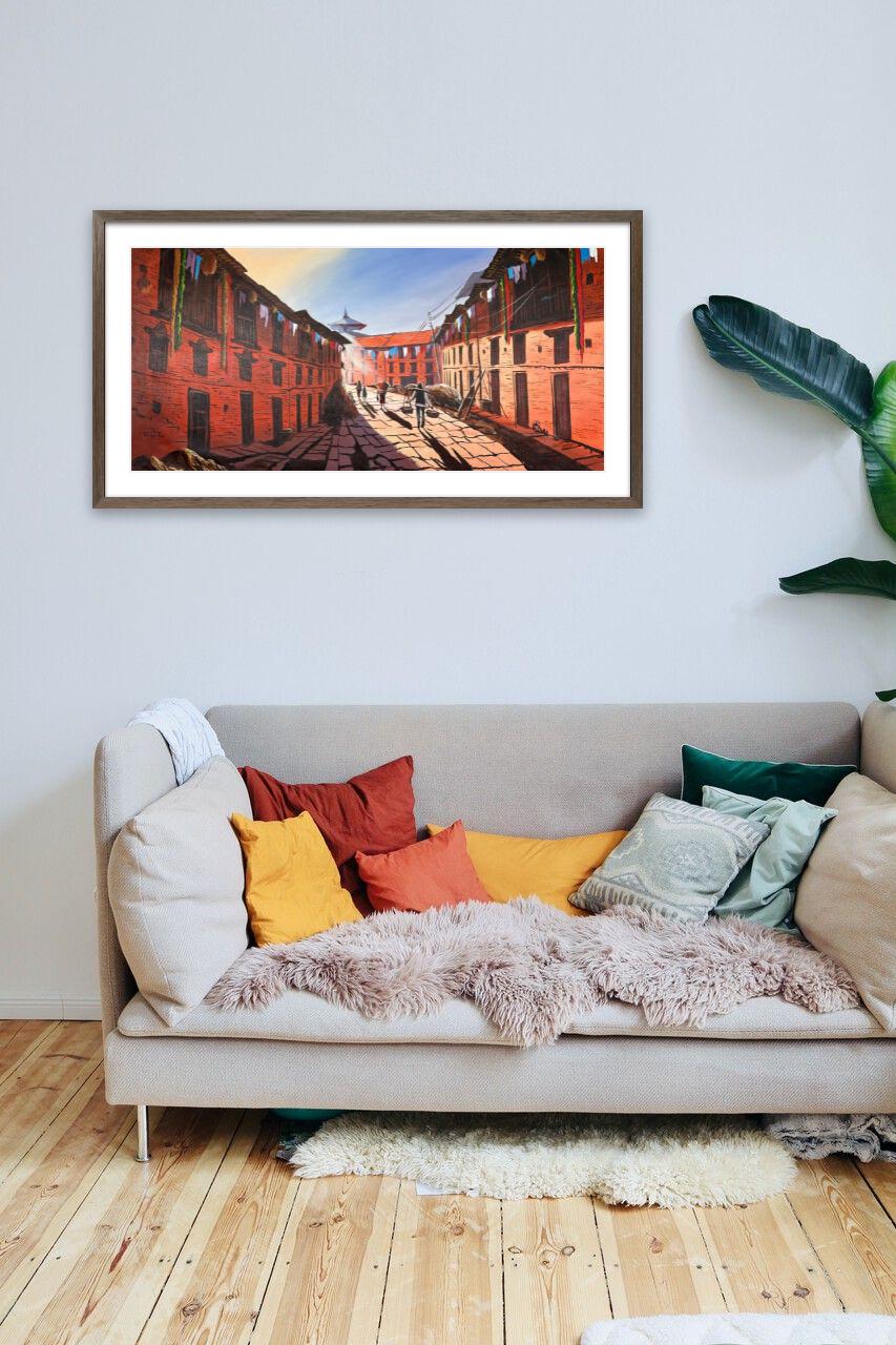 Kathmandu Valley Street – Acrylic Canvas Painting of Traditional Brick Houses & Daily Life