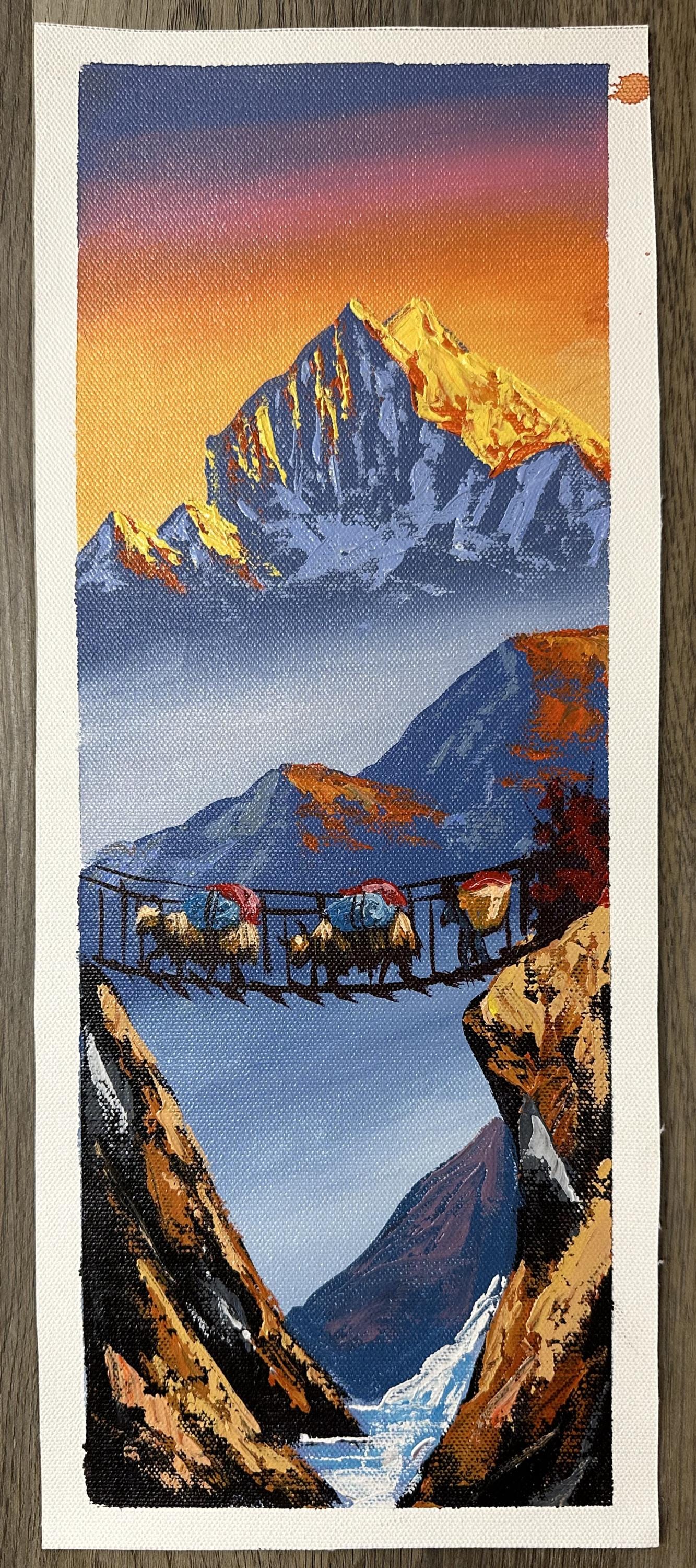 Golden Machhapuchhre – Yak Caravan on Suspension Bridge Painting