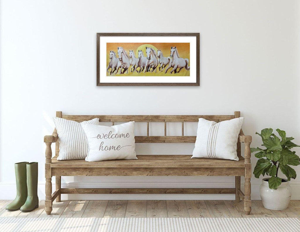 Seven White Horses Canvas Wall Art – Handmade Sunrise Painting for Living Room & Office Decor