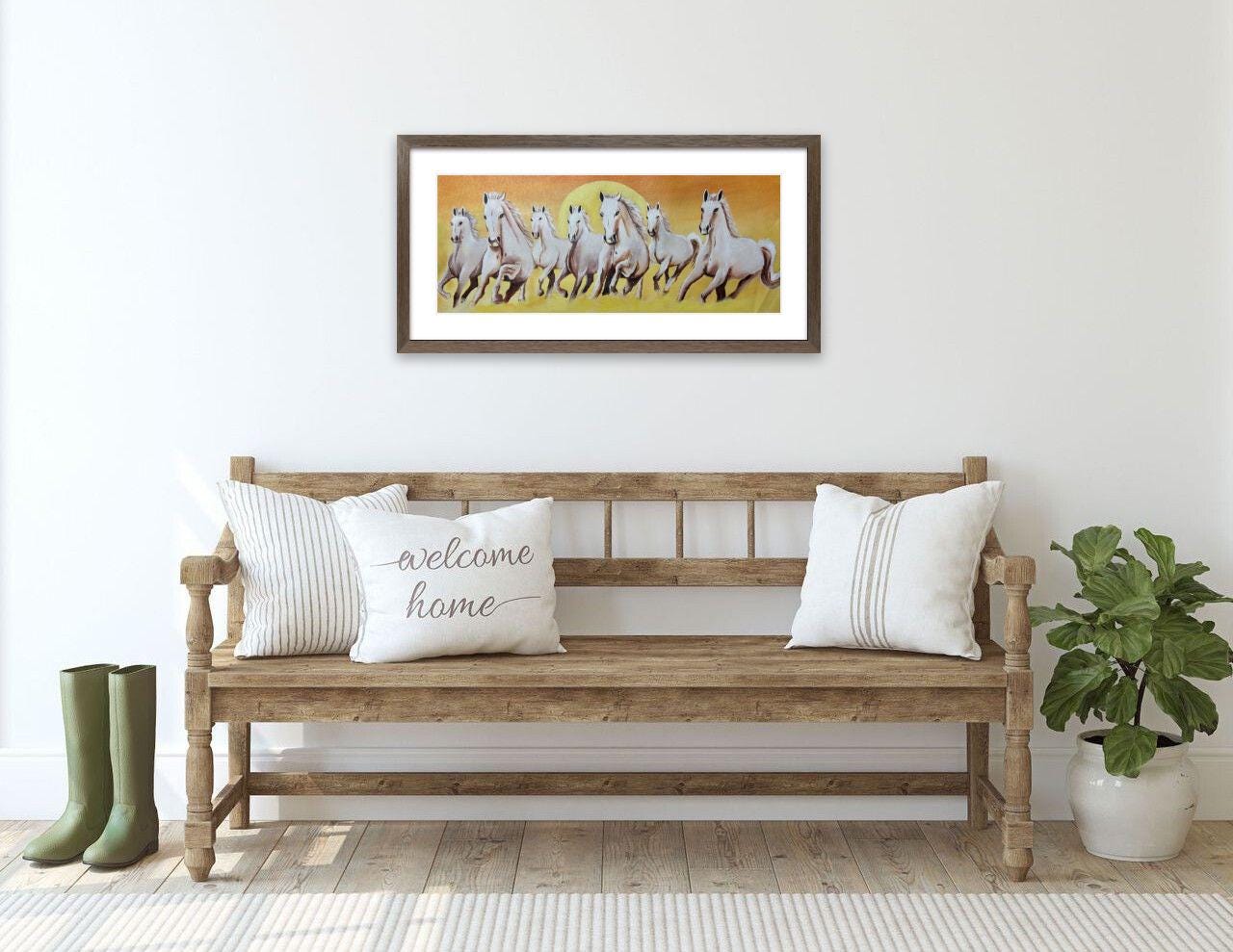 Seven White Horses Canvas Wall Art – Handmade Sunrise Painting for Living Room & Office Decor