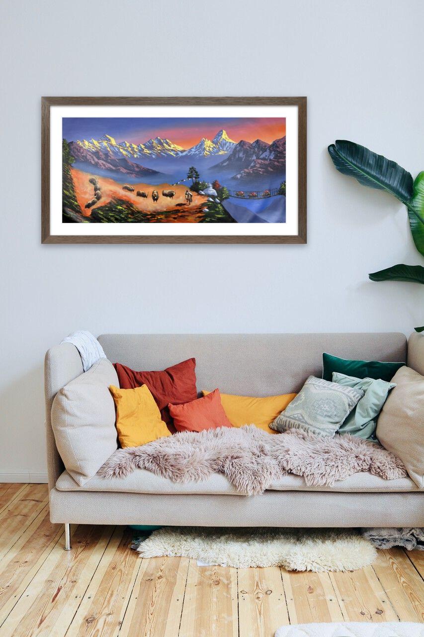 Himalayan Sunset Panorama – Ama Dablam & Yaks, Original Acrylic on Canvas