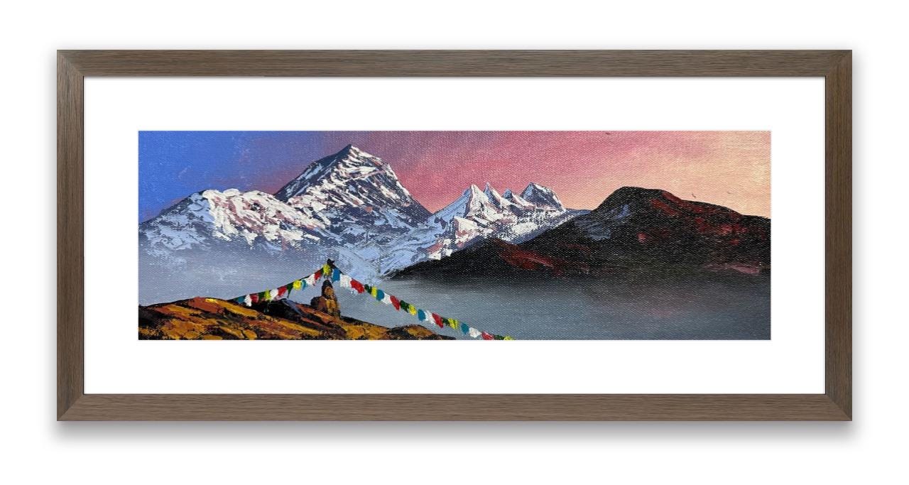 Mount Everest at Dawn – Prayer Flags and Himalayan Sunrise Painting