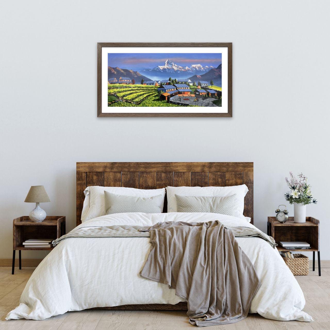 Himalayan Village Landscape – Acrylic Canvas Painting of Machhapuchhre & Terraced Fields