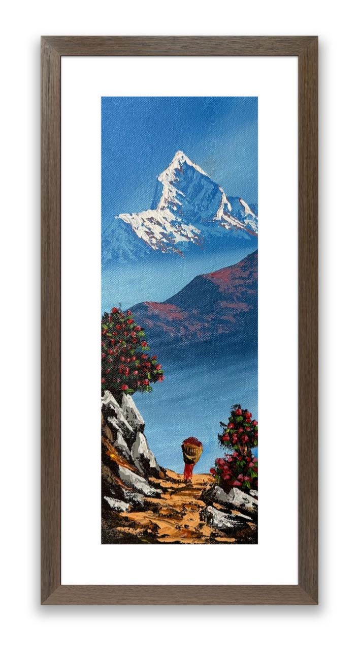 Vertical Machhapuchhre Path – Acrylic Canvas Painting with Rhododendrons & Villager