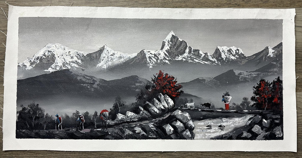 Monochrome Himalayan Village Path – Trekkers, Rhododendrons & Goats