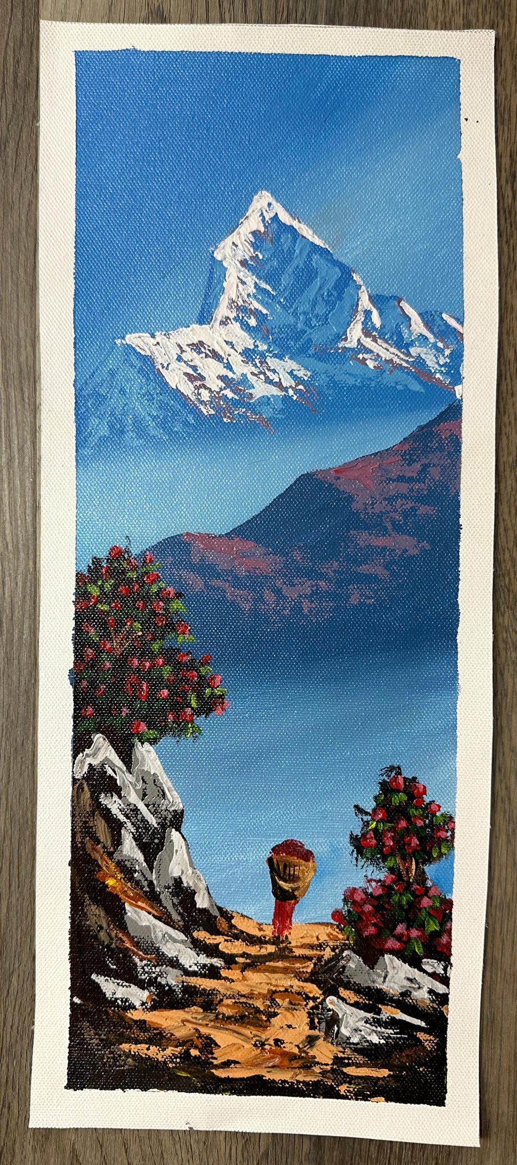 Vertical Machhapuchhre Path – Acrylic Canvas Painting with Rhododendrons & Villager