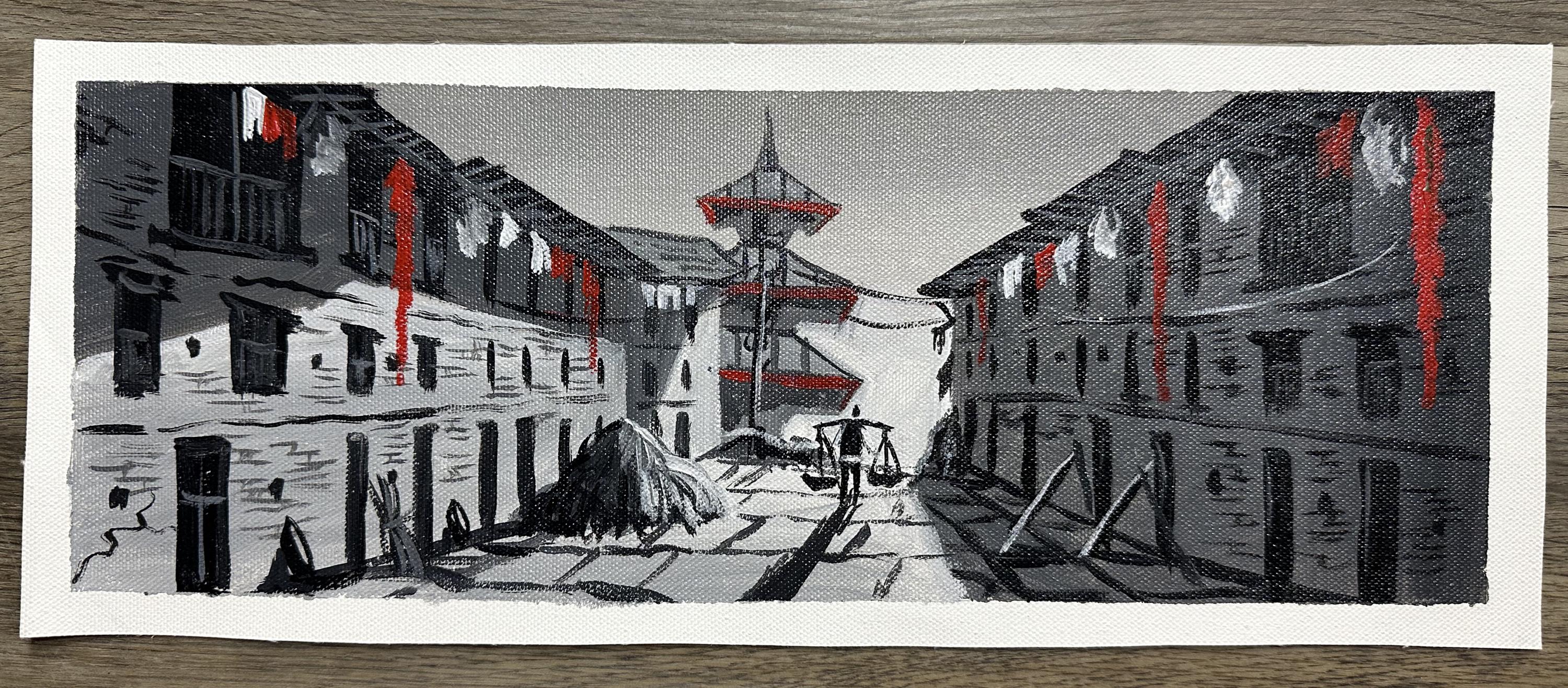 Monochrome Newar Alley – Red Accents and Pagoda Temple Painting