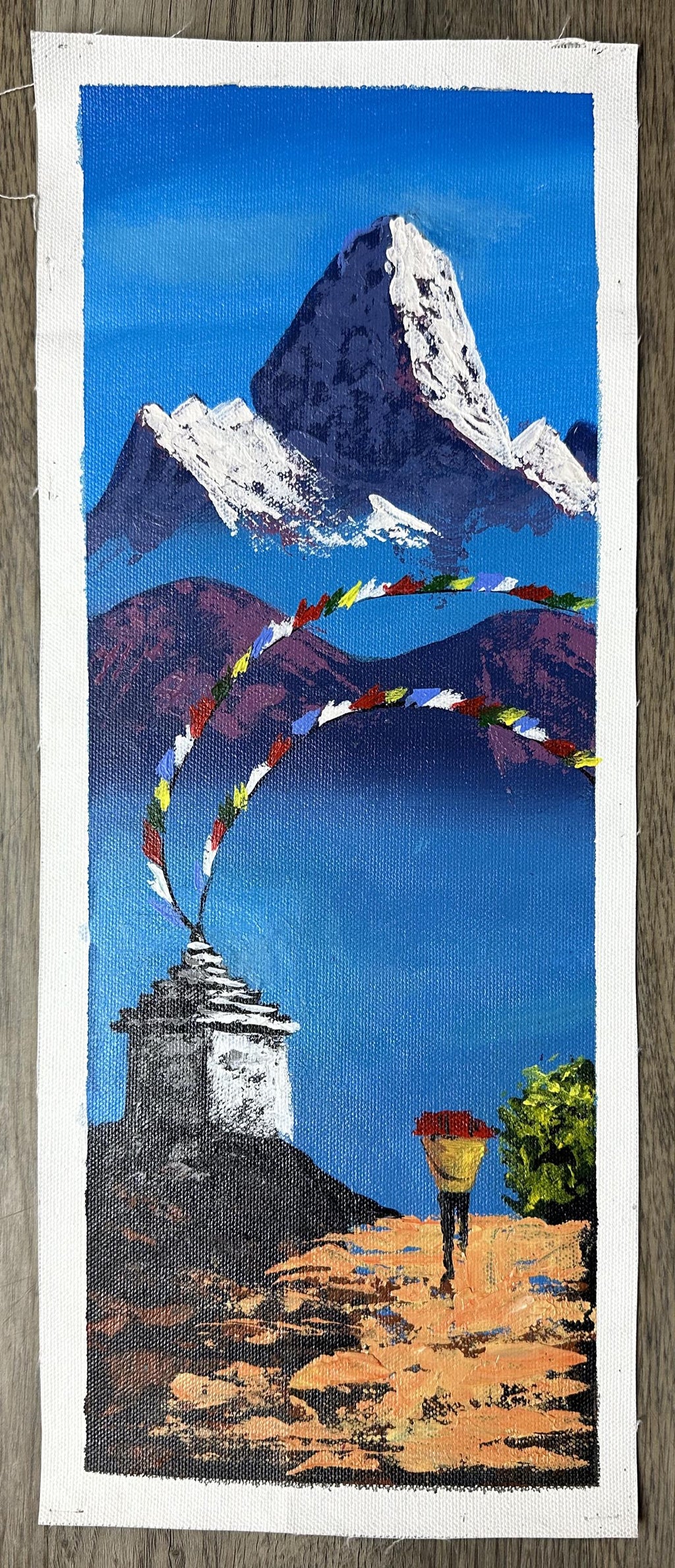 Ama Dablam Sunrise – Prayer Flags and Lone Traveler Himalayan Painting