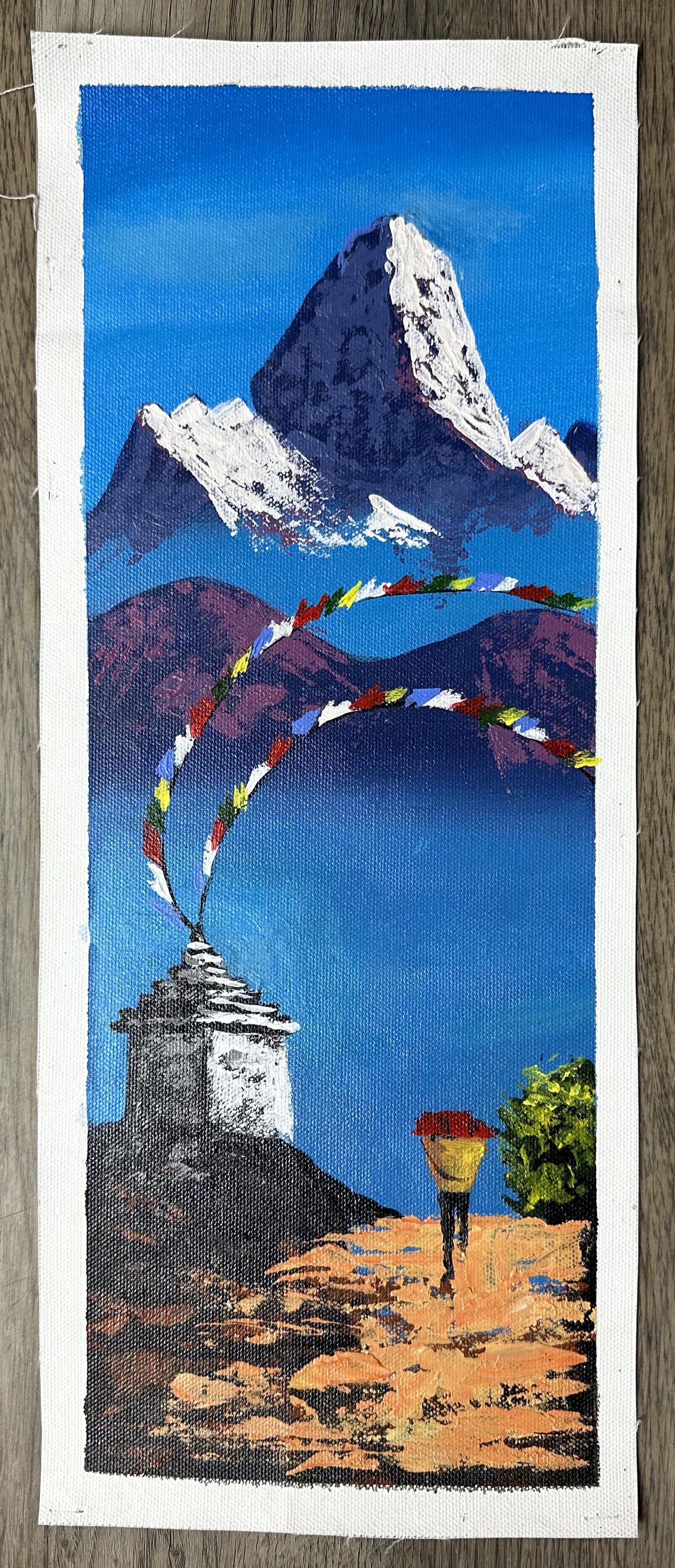 Ama Dablam Sunrise – Prayer Flags and Lone Traveler Himalayan Painting