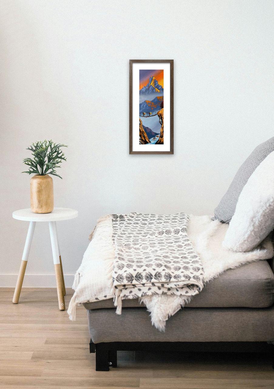 Vertical Golden Himalayan Bridge – Acrylic Canvas Painting with Sunset & Trekkers