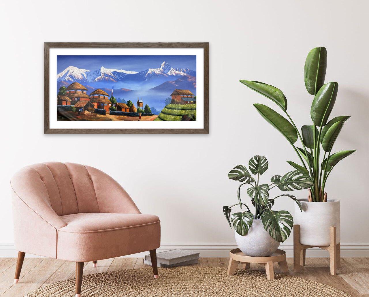 Himalayan Village Life – Acrylic Canvas Painting of Machhapuchhre & Annapurna with Traditional Homes