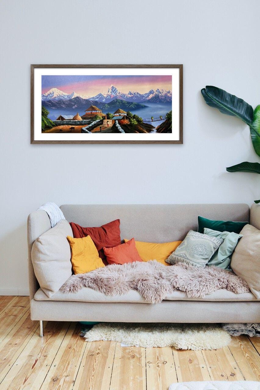 Mountain Village Sunrise with Suspension Bridge – Panoramic