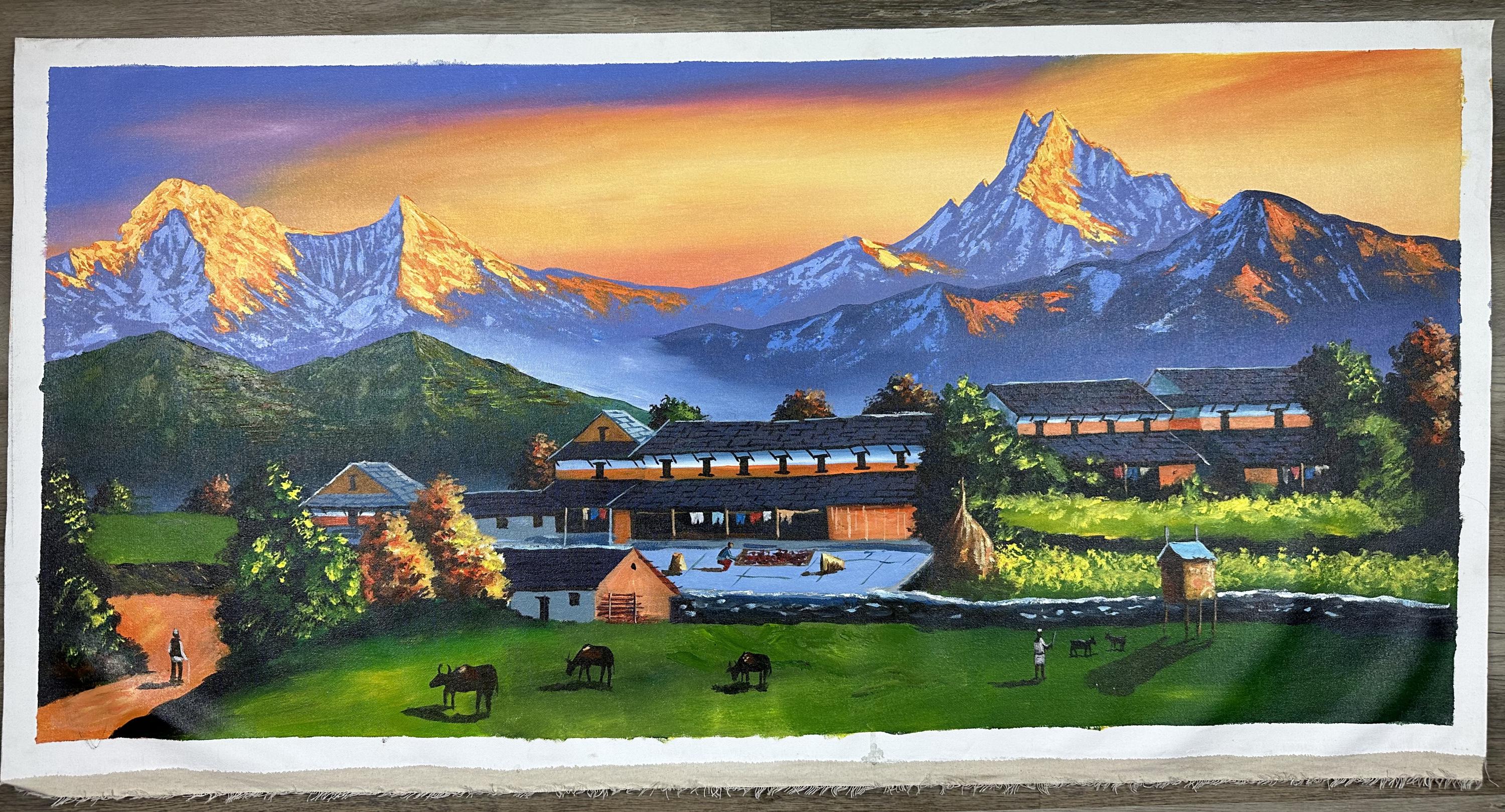 Himalayan Village Sunset – Acrylic Canvas Painting of Machhapuchhre & Nepali Countryside