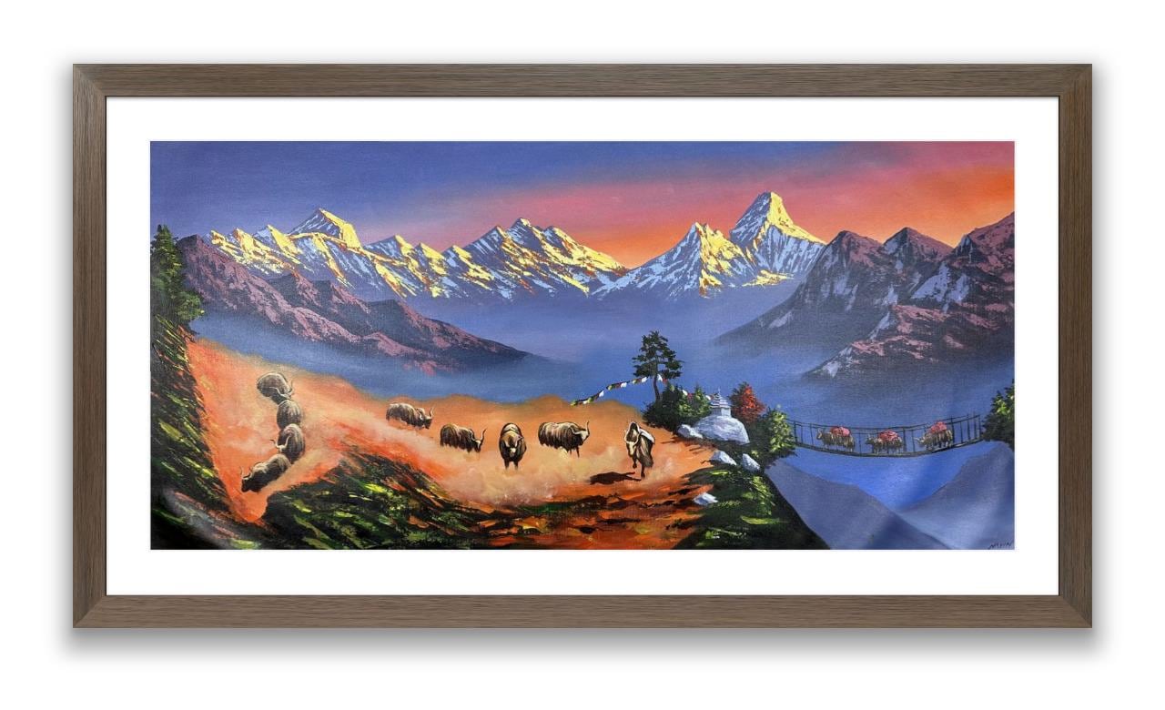 Himalayan Sunset Panorama – Ama Dablam & Yaks, Original Acrylic on Canvas