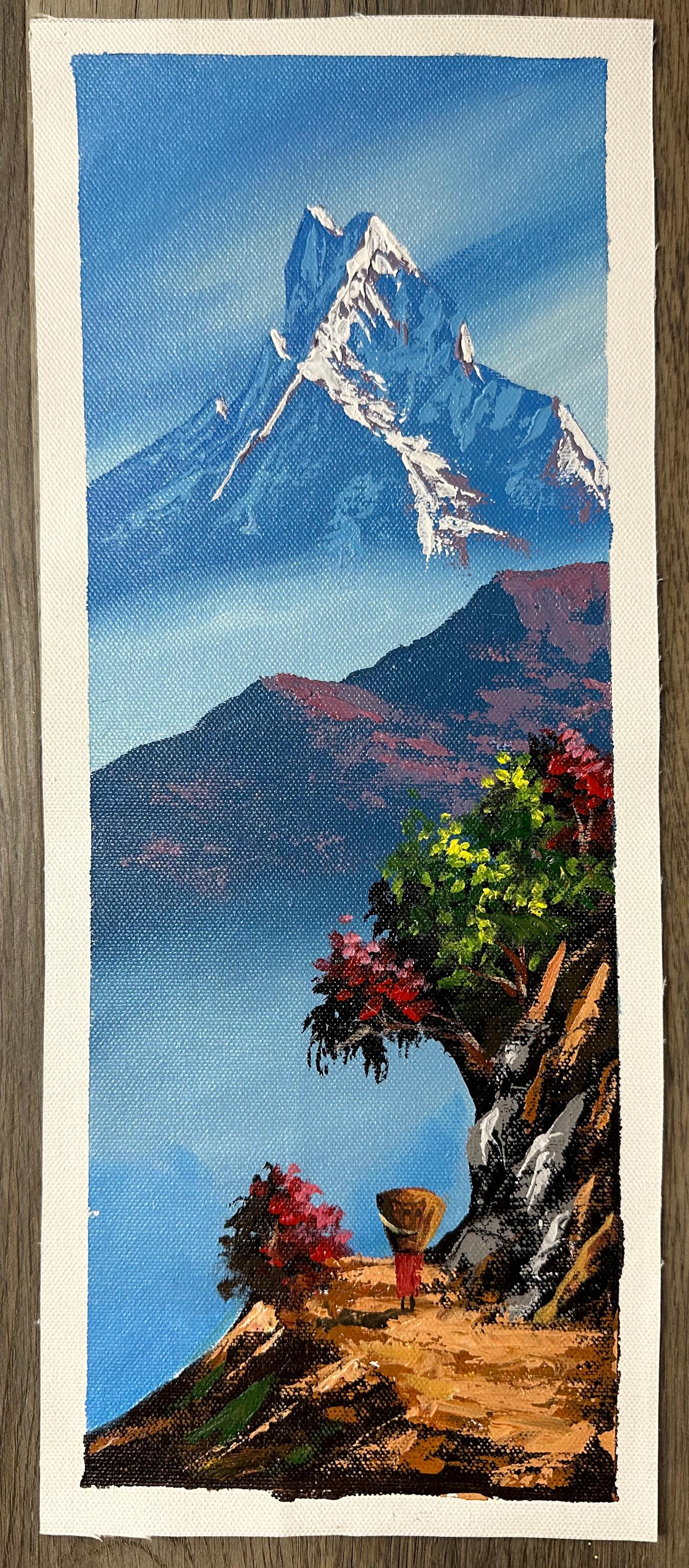 Vertical Himalayan Path – Acrylic Canvas Painting of Machhapuchhre & Lone Villager