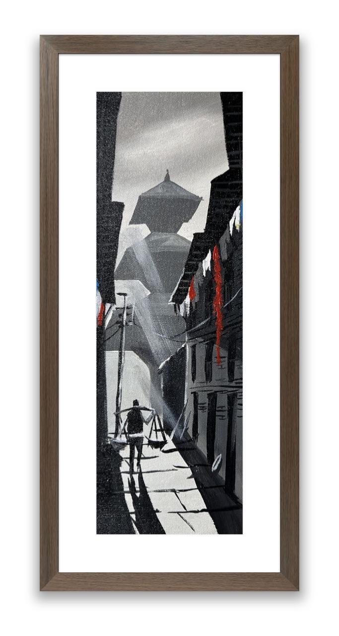 Morning Rays in Bhaktapur Alley – Monochrome Street Painting