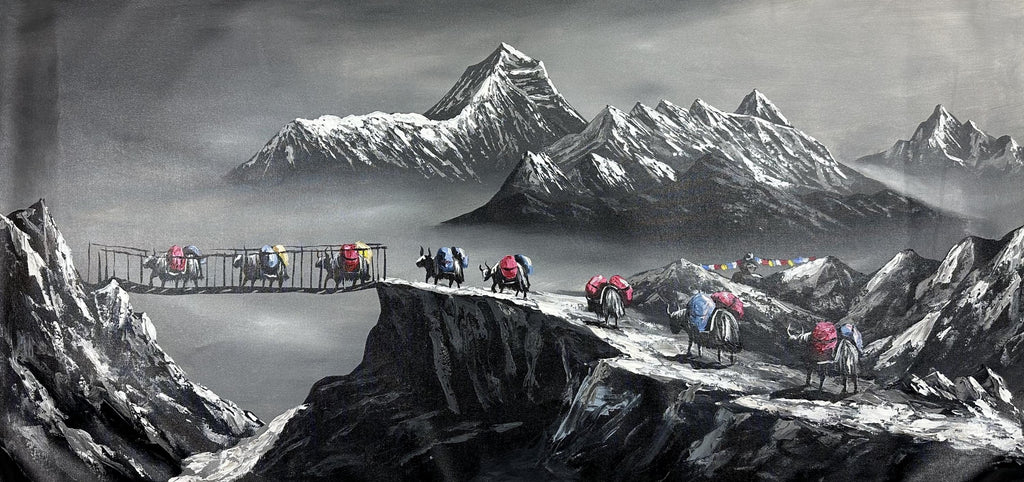 Everest Himalayan Painting: Yak Caravan, Monochrome Mountain Landscape, Acrylic on Canvas (24x47 in)