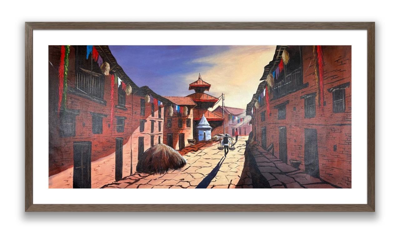 Kathmandu Heritage Street – Acrylic Canvas Painting of Newar Architecture & Pagoda Temple