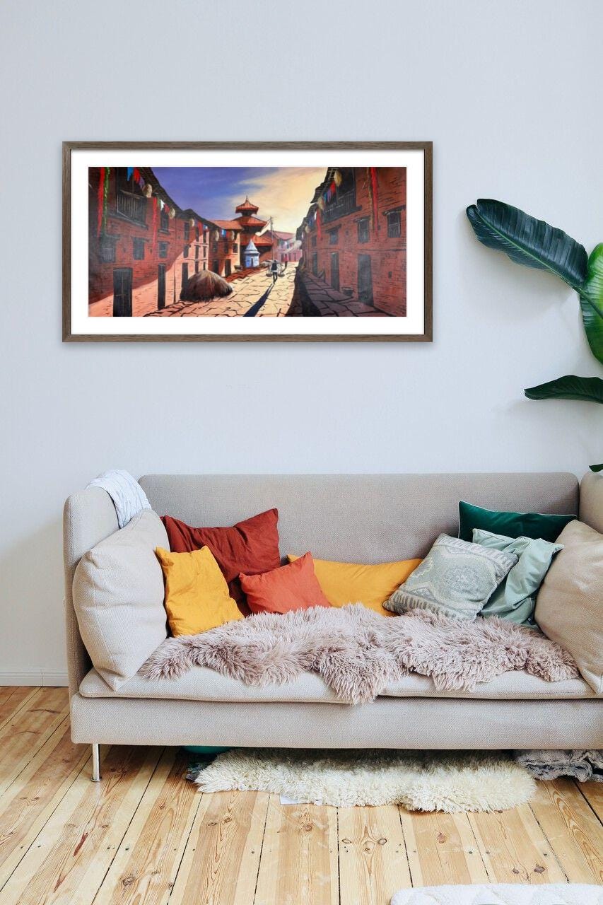 Kathmandu Heritage Street – Acrylic Canvas Painting of Newar Architecture & Pagoda Temple