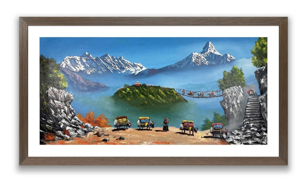 Himalayan Mountain Landscape Painting: Yak Caravan, Temple Art