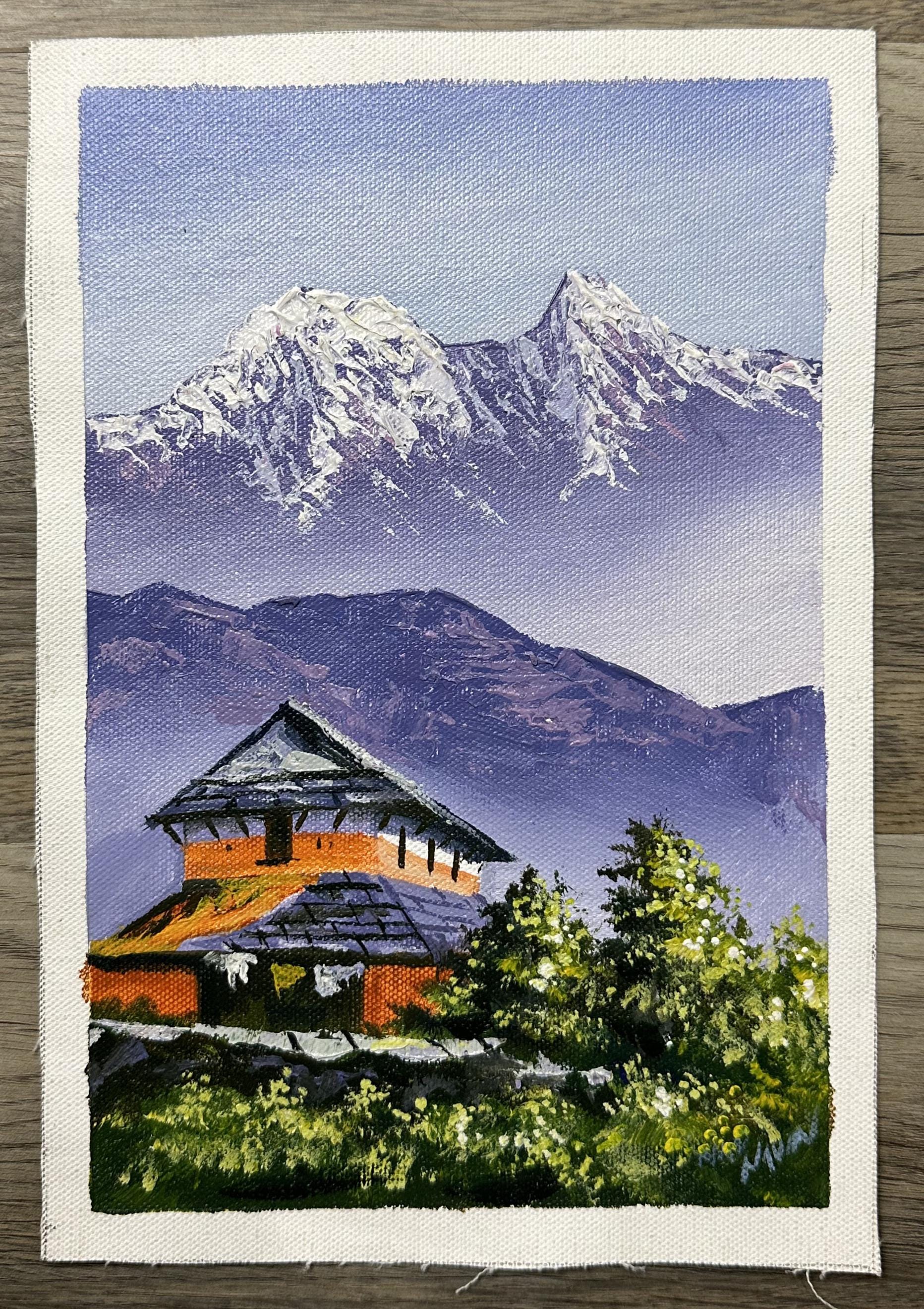 Traditional Nepalese House – Himalayan Mountain View Painting