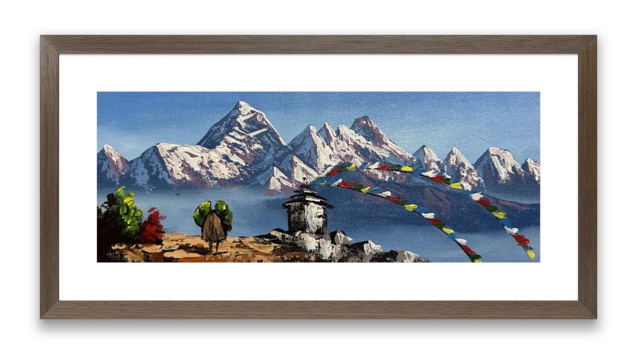 Mountain Stupa with Prayer Flags – Himalayan Landscape Painting
