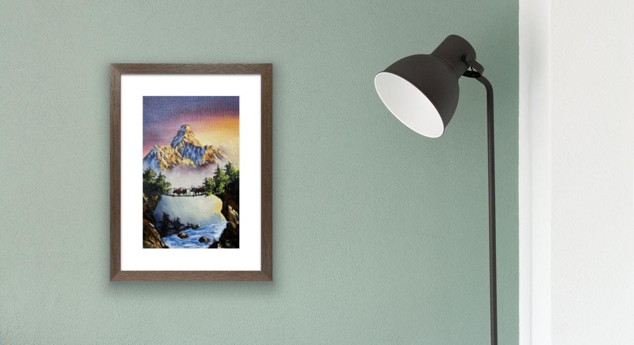 Golden Bridge Crossing – Machapuchare Himalayan Sunset Painting