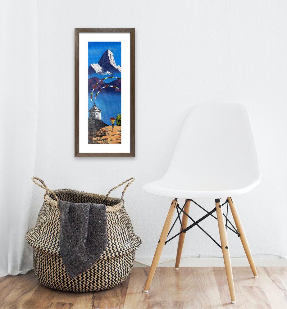 Ama Dablam Sunrise – Prayer Flags and Lone Traveler Himalayan Painting