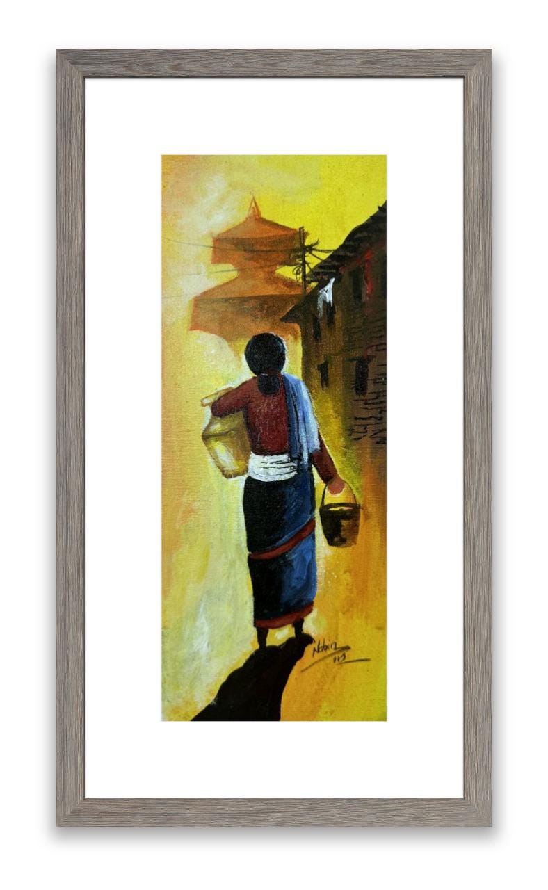 Traditional Nepali Hand-Painted Canvas | Village Woman Artwork | Cultural Wall Art Home Décor