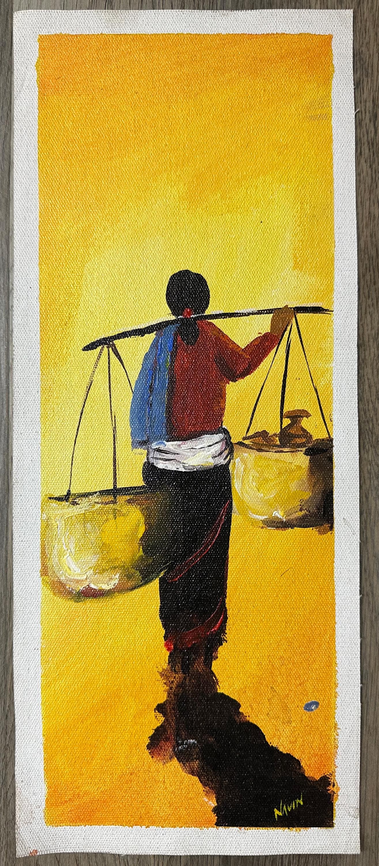 Village Life Silhouette – Acrylic Canvas Painting with Yellow Background