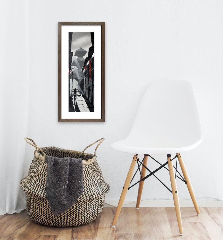 Morning Rays in Bhaktapur Alley – Monochrome Street Painting